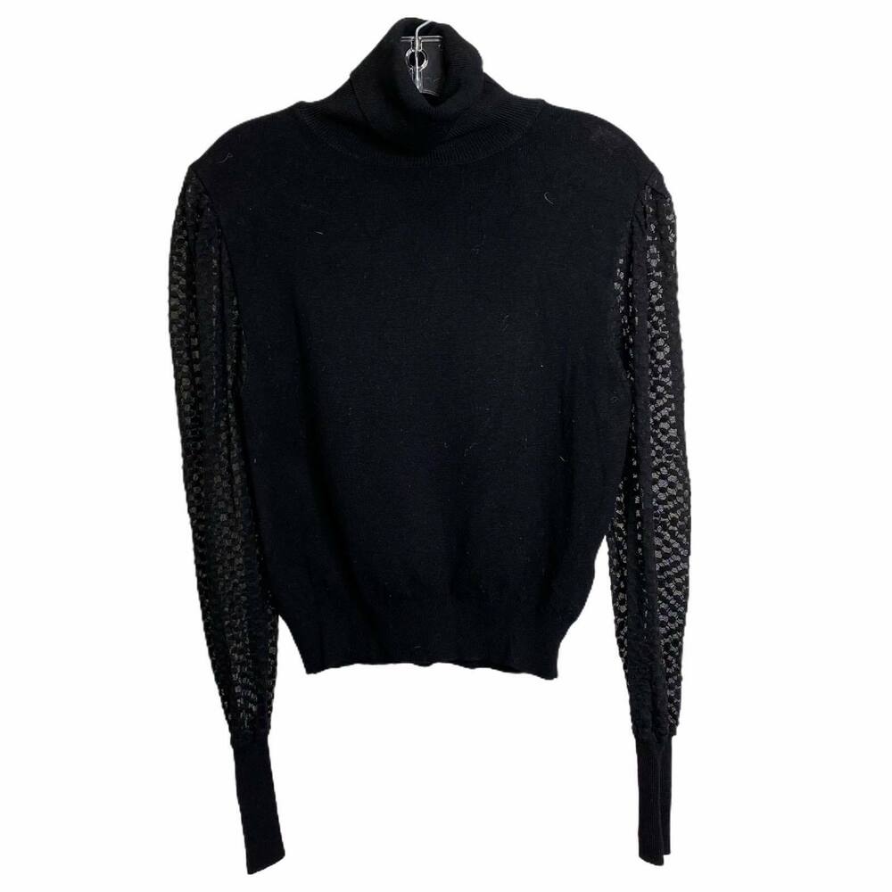 Zara Women's Turtle Neck Sweater Black Thin‎ Knit Long Lace Sleeves Size XL